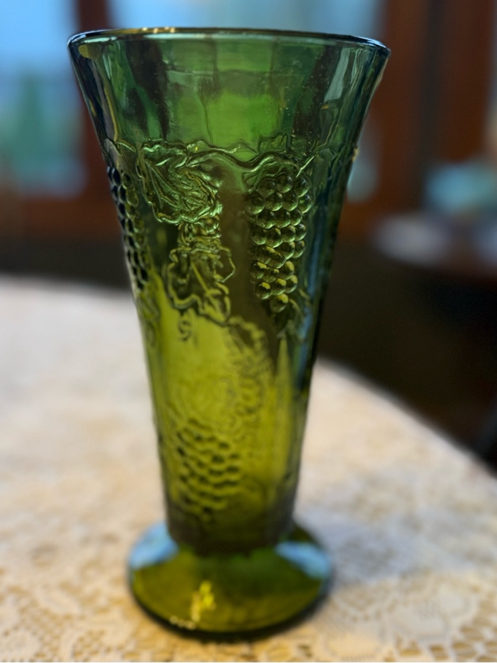 Vintage Green Grape Vine Glass Vase Retro 1970s Olive Pressed Glass